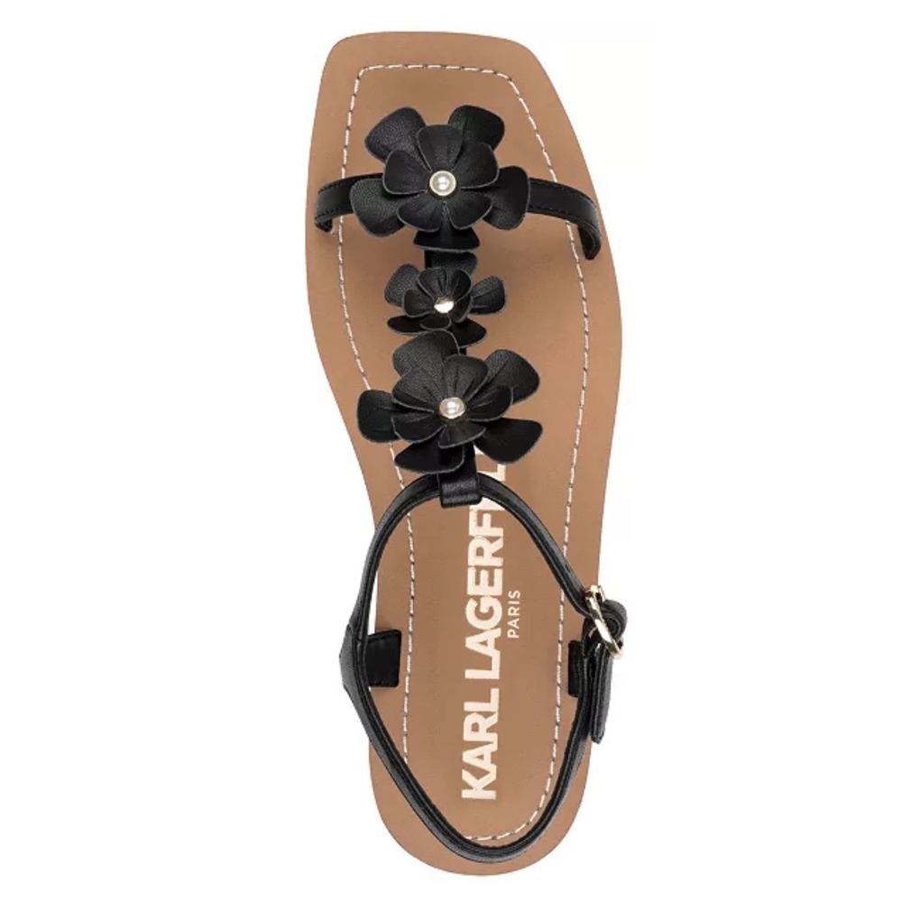 Karl Lagerfeld Paris Margate Black Floral T-Strap Flat Sandals Size 7M KL169877